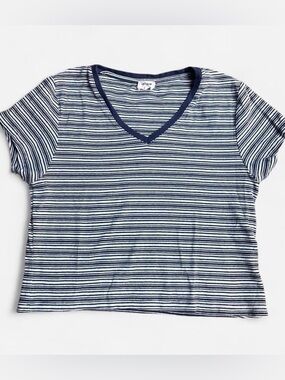 Cotton On Blue Striped Cotton Short Sleeve Casual Cropped Top V-Neck Sz L